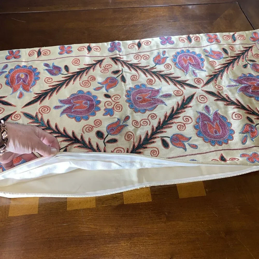 Handmade Embroidered Pillow Cover 3D Bright Floral Vine 17 X 34.5” Boho Cottage